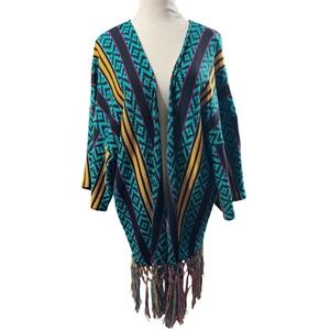 Wrangler Retro Womens Teal Geometric Fringe Open Front Cardigan Sweater L